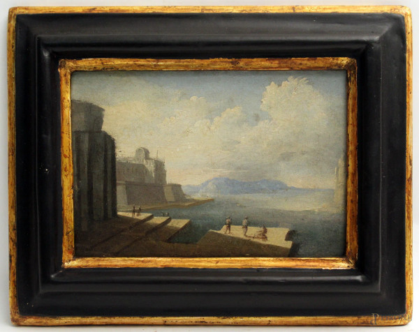 Marina, scuola italiana del XVII -XVIII sec., olio su tavola, cm. 14x20, entro cornice.