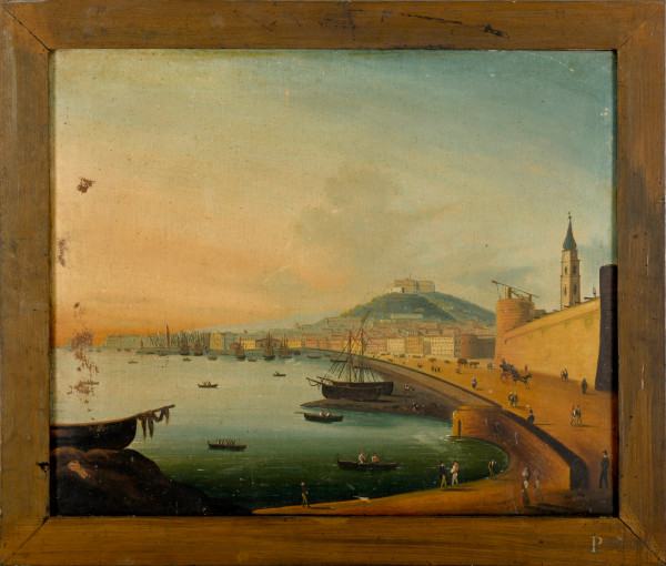 Golfo di Napoli con Vesuvio sullo sfondo, XIX secolo, olio su tela, cm 63x76, entro cornice, (difetti)