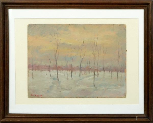 Paesaggio invernale, olio su cartone, cm 25x35, firmato entro cornice