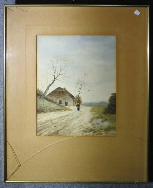 Paesaggio con sentiero e figura, dipinto dell'800 ad acquarello su carta, entro cornice.
