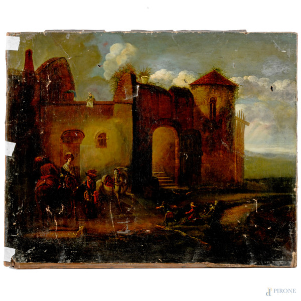 Esterno di castello con figure, XVIII-XIX secolo, olio su tela, cm 63,5x79, (difetti)