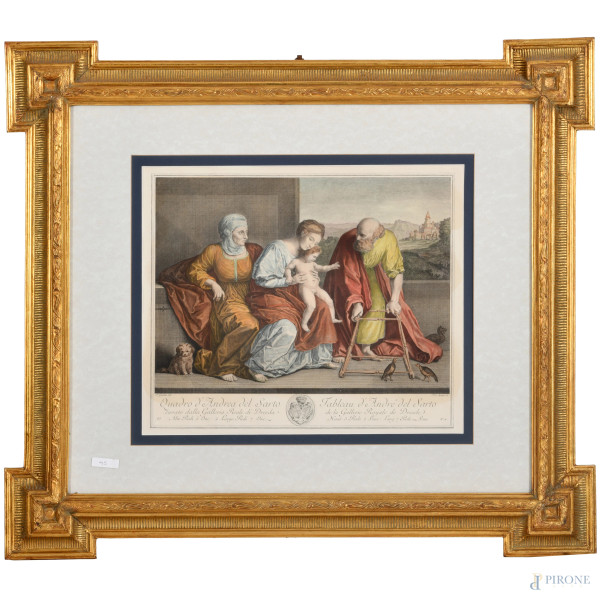 Sacra famiglia con Sant'Anna, stampa da Andrea del Sarto,XIX-XX secolo, cm 54x64 compreso passepartout entro cornice, (lievi tracce di umidità e ondulazioni)