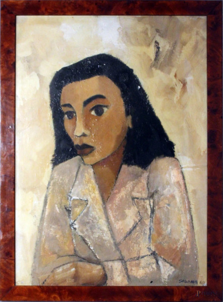 Ritratto di donna, olio su cartone, cm 70x50, firmato e datato, entro cornice.