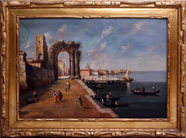 Scorcio di Venezia con figure, olio su tela, cm 70x100, primi &#39;900, entro cornice.