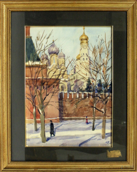 Salomon Boim - Veduta di Cremlino, acquarello su carta, cm 42x31, entro cornice.