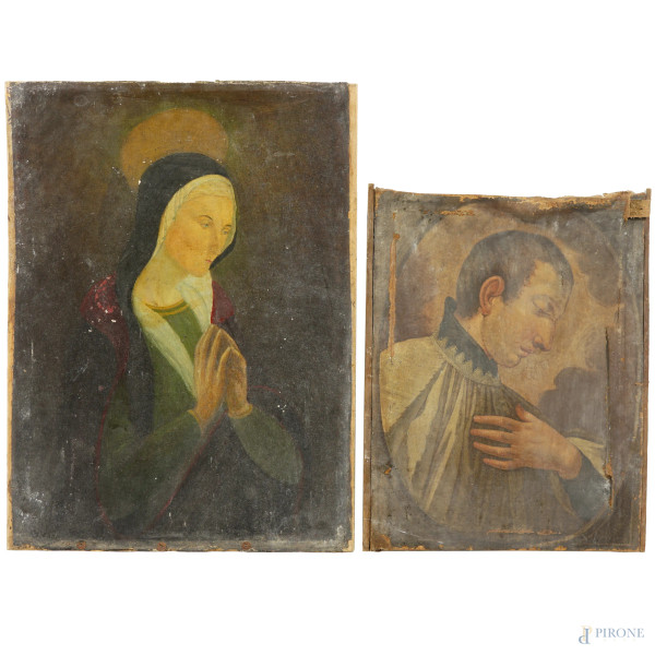 Lotto composto da due dipinti: Madonna, sec. XX, olio su trla applicata su compensato, cm 61x45,5, (difetti); San Luigi, sec. XVIII-XIX, olio su tela, cm 48x35,5, (difetti)