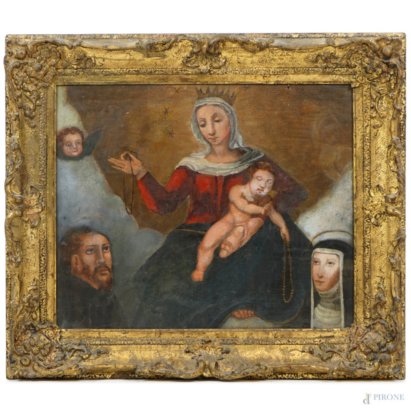 Madonna del Rosario tra San Francesco e Santa Chiara, olio su tela, XIX-XX secolo, cm 51x61, entro cornice (difetti, tela senza telaio)