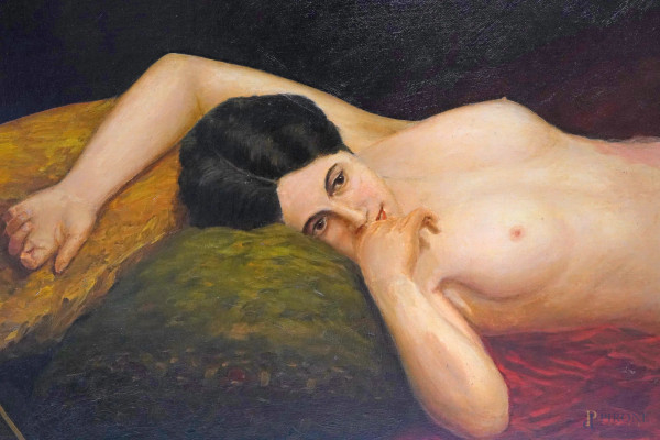 Nudo di donna adagiata su una dormeuse, inizi del XX secolo, olio su tela, cm 133,5x223,5 entro c...