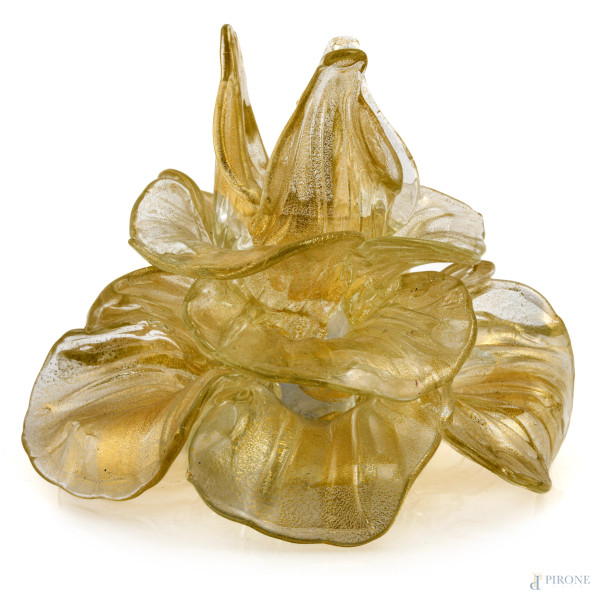 Fiore in vetro di di Murano trasparente spruzzzato oro, XX secolo, cm 13x16x15