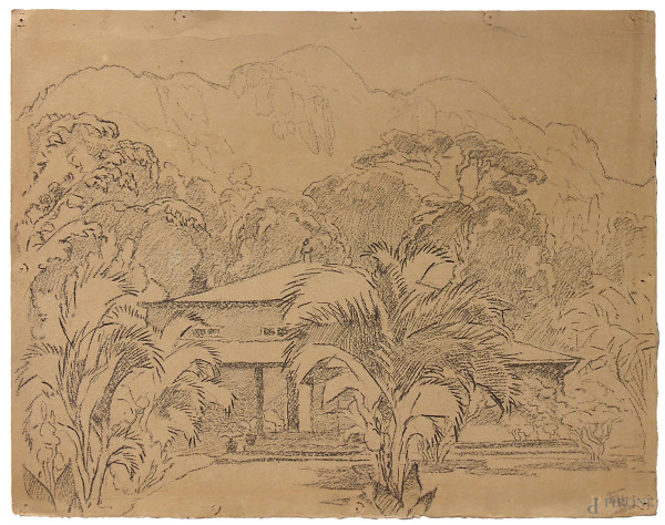 Artista francese dell’800 Giardino con palme e casale, XIX sec., carboncino su carta, cm 42x33, siglato in basso a destra, iscrizioni al retro, con cornice, provenienza collezione romana