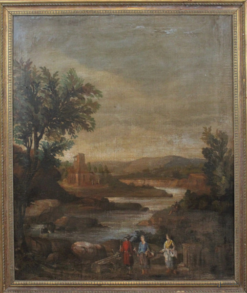 Paesaggio fluviale con rovine e figure, olio su tela, cm. 108x90, XX secolo, entro cornice