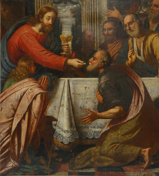 Pittore veneto del XVII secolo, L’Ultima Cena, olio su tela, cm 190x170, (difetti)