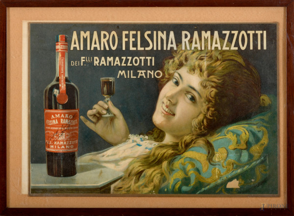 Manifesto pubblicitario Amaro Felsina Ramazzotti, primo XX secolo, 33,5x48, (difetti)