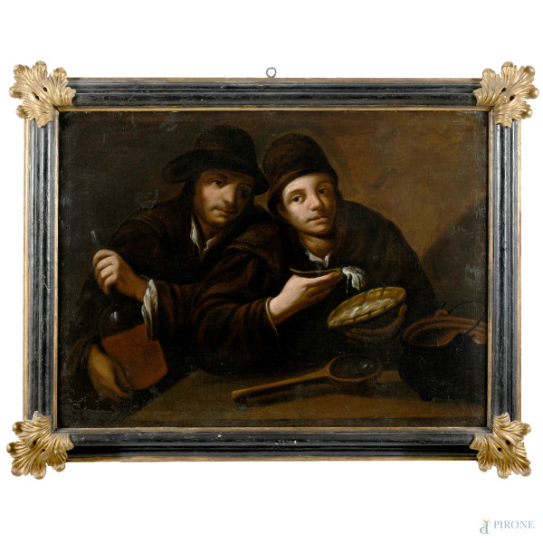 Scuola olandese del XVII-XVIII secolo, Avventori alla taverna, olio su tela, cm 75,5x103, entro cornice