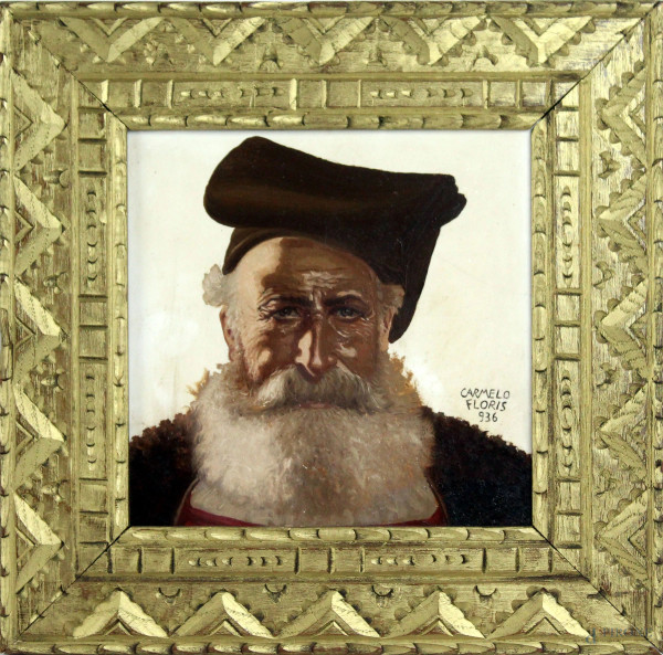 Ritratto di un anziano sardo, olio su ceramica, cm 19,5x19,5, firmato Carmelo Floris 1936, entro cornice