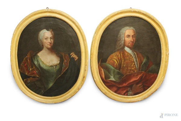 Ritratti di nobili, coppia di dipinti ad olio su tela ad assetto ovale, Scuola marchigiana XVIII sec., cm 80 x 62, entro cornici.