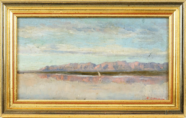 Scorcio sul Lago Maggiore, olio su tela applicata su tavola, cm 17x30, firmato, entro cornice.
