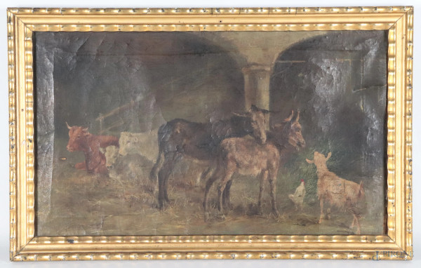 Interno di stalla con animali, XIX secolo, olio su tela, cm 31x52, entro cornice, (segni di usura, abrasioni, craquelure, lacerazioni, cadute di colore, segni di battitura del telaio, difetti)