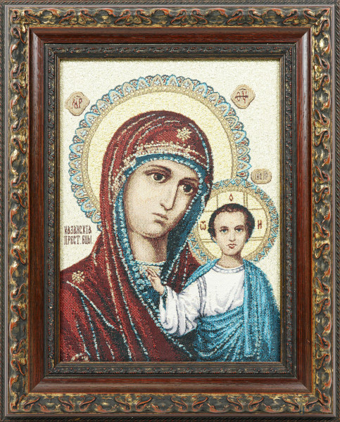 Tesuto ricamato raffigurante Madonna con Bambino, XX secolo, cm 31,5x23, entro cornice