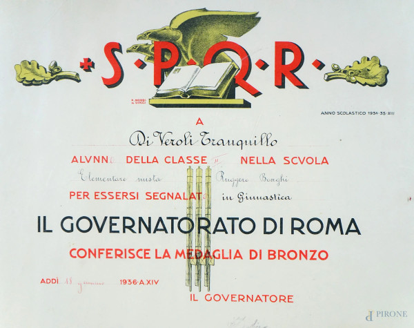 Diploma del Governatorato di Roma per il conferimento della medaglia di bronzo a Di Veroli Tranquillo, anno scolastico 1934-1935,  cm 37x54.