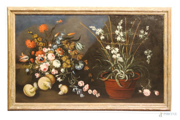 Fiori con funghi, dipinto ad olio su tela del XVIII sec., cm 80 x 134, entro cornice.
