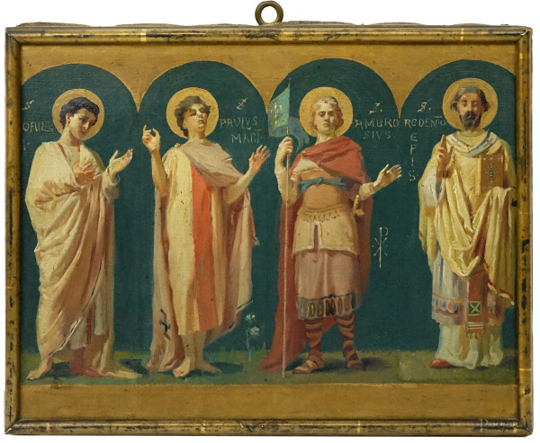 Eugenio Cisterna - I SS. Giovanni, Paolo, Ambrosio e Redento, bozzetto dipinto ad olio su tela per il catino absidale della Cattedrale di Ferentino, cm 25x31, entro cornice.