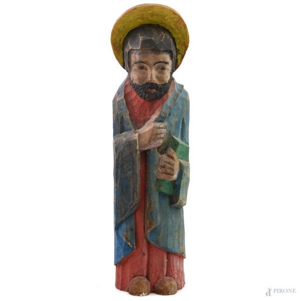 Scultura in legno policromo raffigurante santo, XX secolo, altezza cm 34,5, (segni di usura, scalfiture, fori di tarlo, difetti)