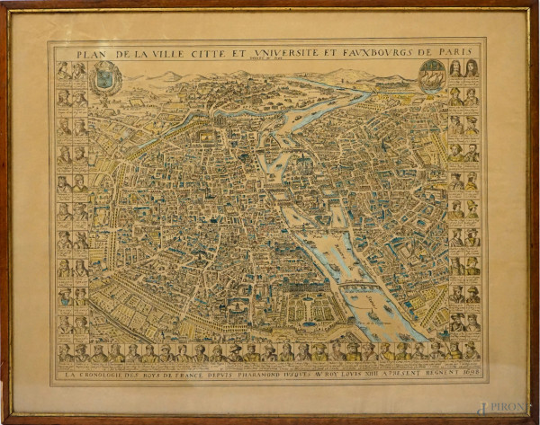 Plan de la ville, cité et université et faux bourges de Paris, incisione, cm 47x62, prima metà XX secolo, entro cornice.