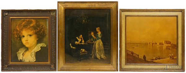 Lotto di 3 oleografie da Gerard ter Borch, da Canaletto e da Jean Baptiste Greuze, misura max cm 70x60, entro cornice