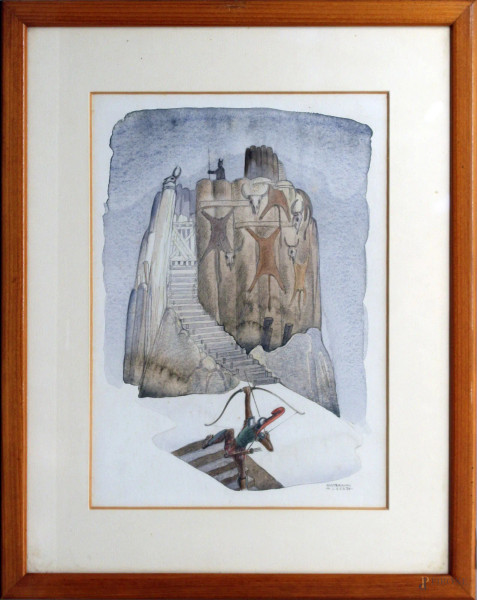 Alberto Mastroianni - Alberto Mastroianni, senza titolo, disegno a tecnica mista su carta 37x27 cm, entro cornice.