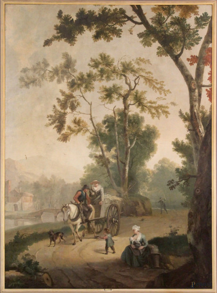 Pieter  III    Pietersz Barbiers - Paesaggio con carretto e figure, olio su tela, cm. 215x167, entro cornice.