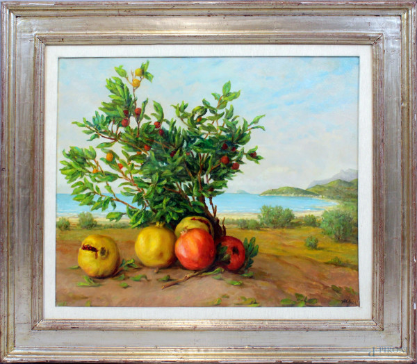Manlio Alfieri - Paesaggio con melograni, olio su tela, cm. 50x60, entro cornice.