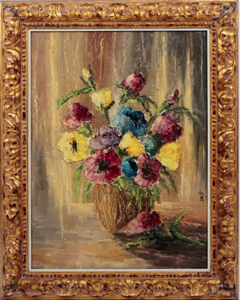 Vaso con fiori, olio su tavola, cm 53x46,5 circa, firmato, entro cornice.