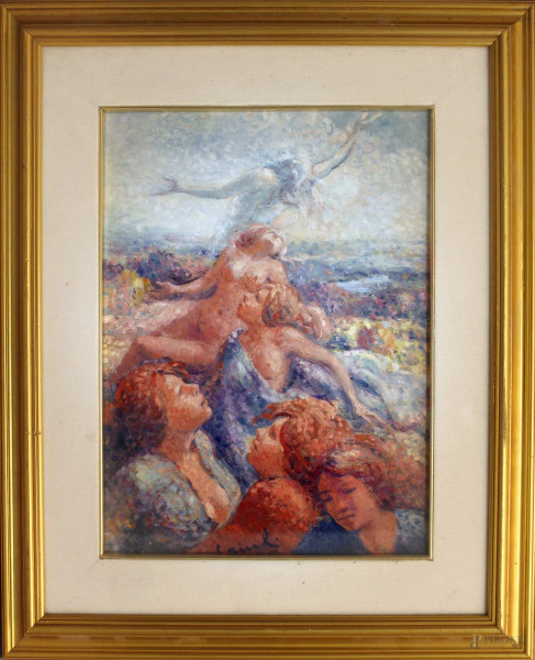Figure femminili, dipinto ad olio su tela firmato, cm 40 x 30, entro cornice.