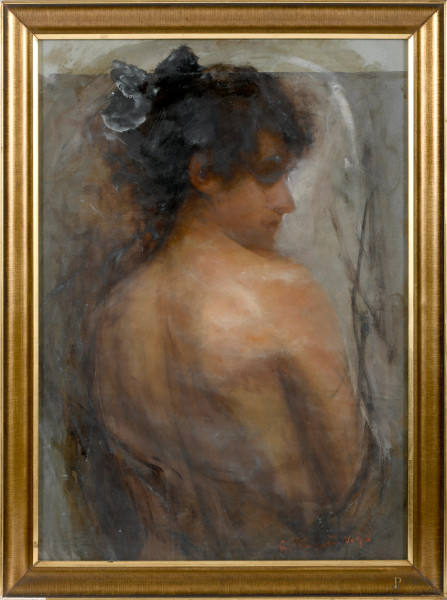 Giovanni Trussardi Volpi (1875-1921), Nudo di donna, tecnica mista su carta, cm 64,5x45,5, entro cornice, (difetti)