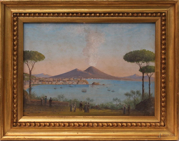 Golfo di Napoli con figure su sfondo Vesuvio, acquarello su carta, cm 26x36, firmato, entro cornice.