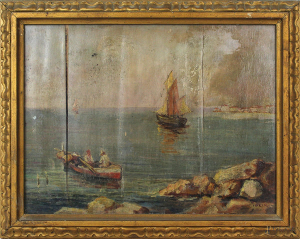 Marina con imbarcazioni, olio su tavola, cm 29x39, firmato, entro cornice, (difetti)