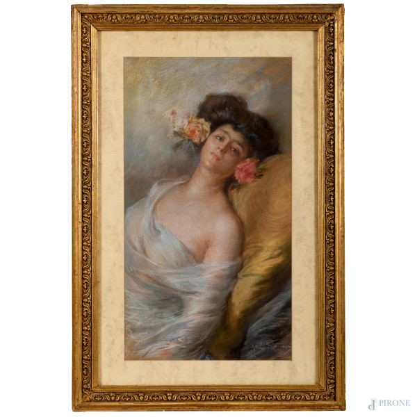 Attilio Stefanori ( 1860-1911), Donna con rose, pastello su carta, cm 68x37, firmato in basso a destra, entro cornice