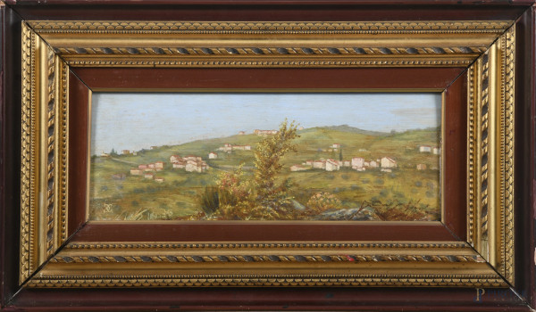 Paesaggio con case, XX secolo, olio su tavola, cm 15x38, siglato in basso a sinistra, entro cornice, (supporto imbarcato, difetti)