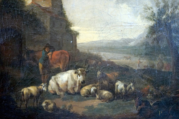 Pittore del XVIII secolo, Paesaggio con pastore e armenti, olio su tela, cm 36,5x44,5, entro corn...