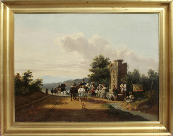 Paesaggio con diligenza e figure, dipinto ad olio su tela, XIX sec., cm 49 x 65, firmato, entro cornice.