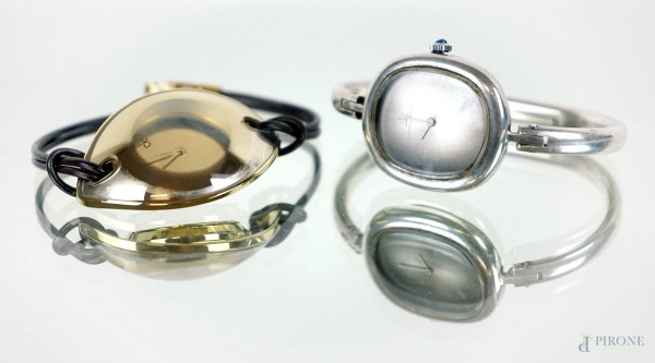 Calvin Klein e Baume&Mercier, lotto di due orologi da polso da donna in argento, acciaio e cuoio, lunghezza max cm 19, uno entro custodia originale, (segni di utilizzo e meccanismi da revisionare).