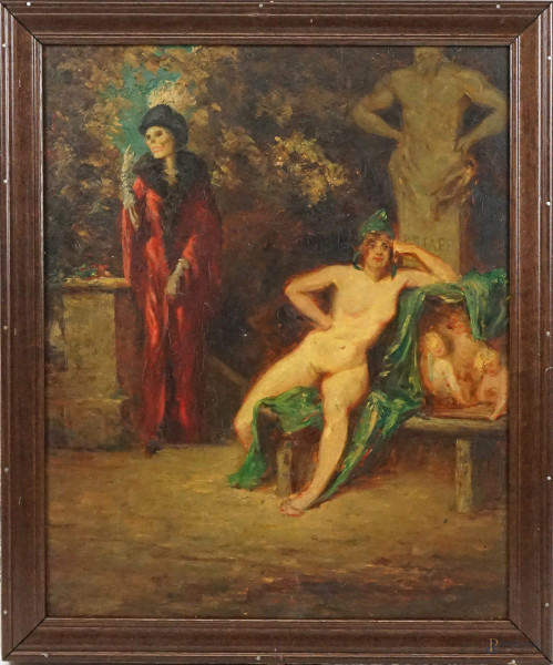 Dipinto double face ad olio su tavola raffigurante Vanitas e Ritratto di donna, cm 44,5x37, XX secolo, entro cornice.