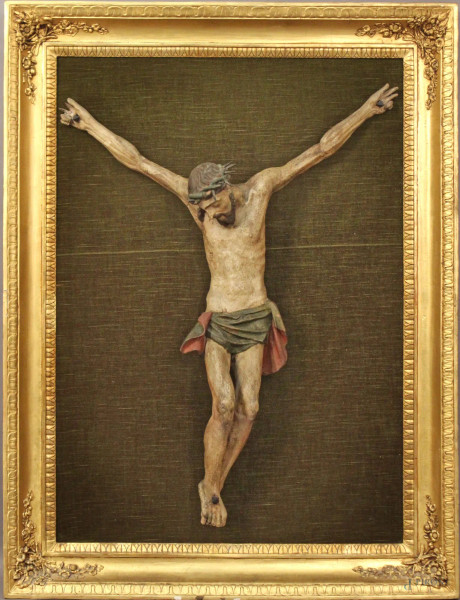 Cristo del XVIII sec, in legno intagliato e dipinto, altezza 78 cm, entro cornice, (difetti).