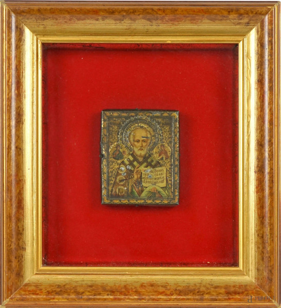 Piccola icona raffigurante San Nicola, placca in metallo dorato, cm 6,5x5,5, XX secolo, entro cornice