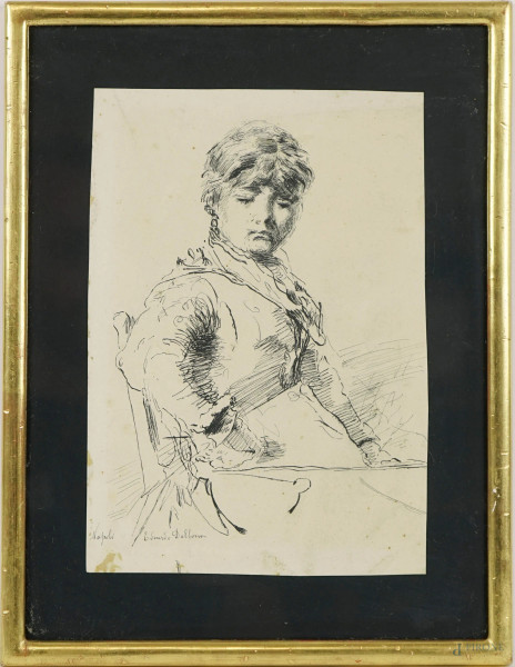 Ritratto di signora, china su carta, cm 21,5x15, firmato Edoardo Dalbono, entro cornice.