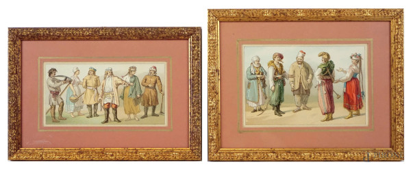 Coppia di stampe a colori raffiguranti personaggi con costumi tradizionali, cm 10x15,5, XX secolo, entro cornici.