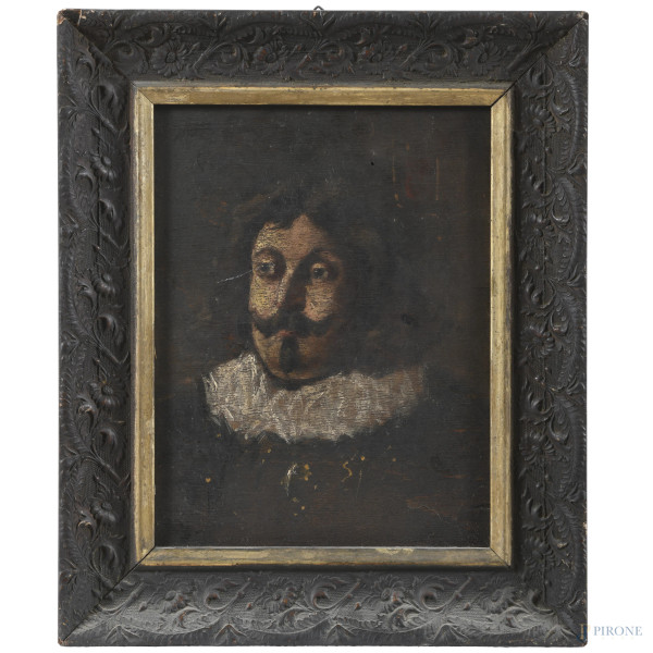 Ritratto di gentiluomo con gorgiera, XX secolo, olio su tavoletta, cm 28x22, entro cornice, (segni di usura, abrasioni, piccolo foro)
