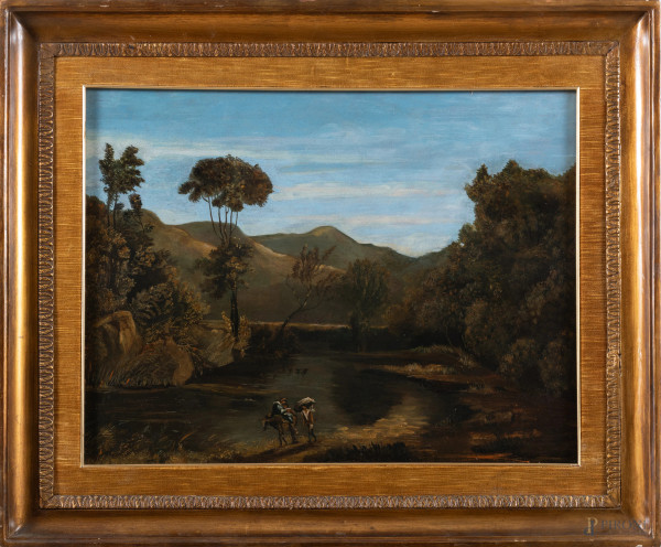 Lungo il fiume, XX secolo, olio su tela, cm 55x72, entro cornice