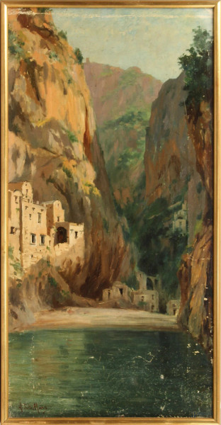 Angelo della Mura, costa con case, olio su tela, cm 67x33,5, entro cornice, ( cadute di colore).